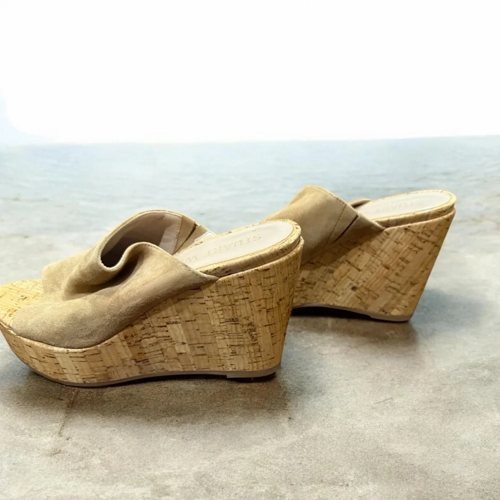 Stuart Weitzman Beige Suede Fold-Over Open-Toe Wedge Slides - Picture 3 of 6